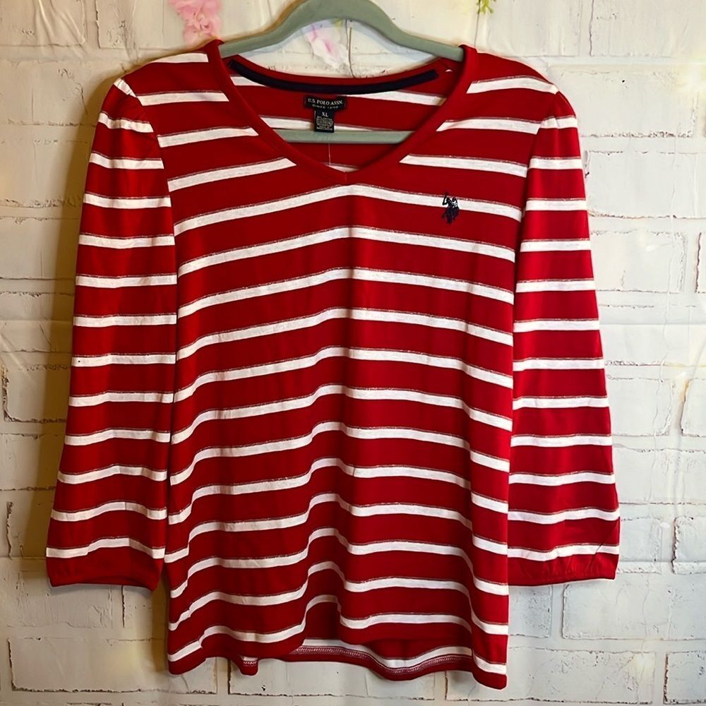 NWT WOMENS U.S. POLO ASSN STRIPED 3/4 SLEEVE TOP